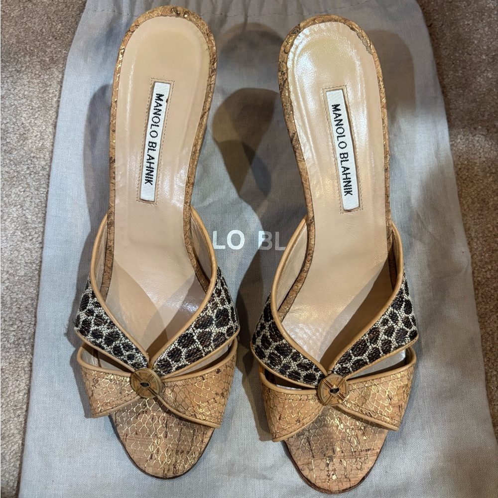 Manolo Blahnik Tan and Black Mules with Sophisticated Design